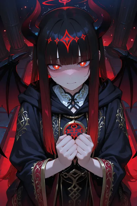 anime style, low-angle medium close-up of a trembling shy female demon lord, looking down nervously at the viewer with tearful round red eyes, straight hair with hime cut, smooth gradient from black to deep red at the tips, black to red gradient demon horn...