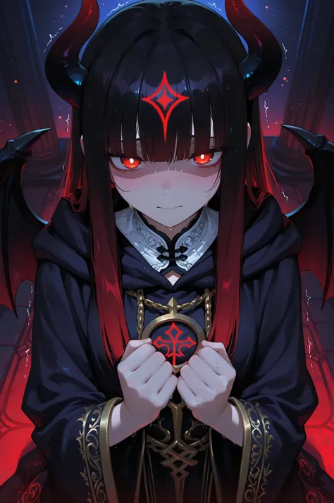 anime style, low-angle medium close-up of a trembling shy female demon lord, looking down nervously at the viewer with tearful round red eyes, straight hair with hime cut, smooth gradient from black to deep red at the tips, black to red gradient demon horn...