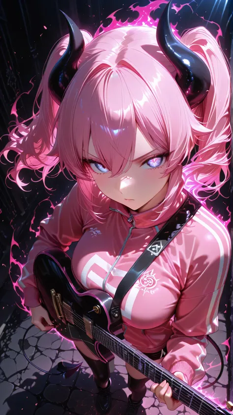 Demon Lord of the Pink-Haired, Unconfident Girls (pink jersey) pink jerseyのズボン Playing a Black Guitar (blue eyes) simple Demon King's Aura from above dynamic angle masterpiece Superb illustration of the exhibition