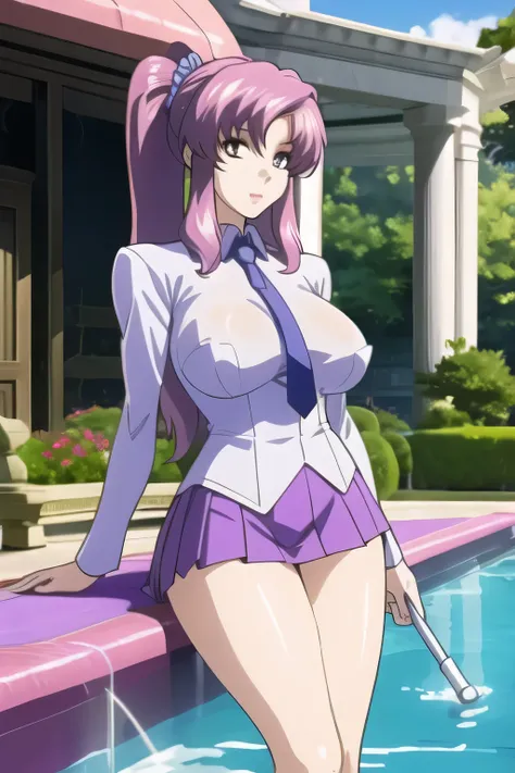 woman with pink ponytail hair，nice smile，can you draw details of a woman in a high school uniform，Thigh to Head，blouse with tie ，pleated micro mini miniskirt，purple boots，Blue panties，beautiful legs，big breasts，big breastsでもウエストが細い，please accurately draw d...