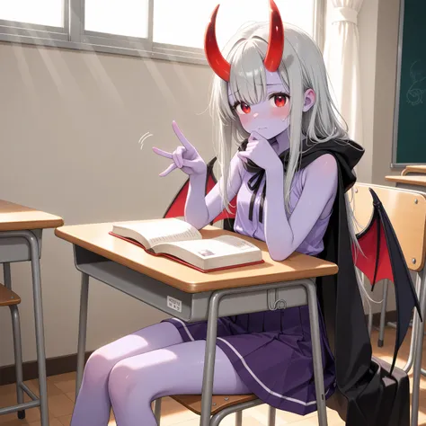 top quality、masterpiece、One Girl、Splendid Devil Wings、Purple Skin、gray hair、Long hair、Red eyes、Splendid Red Horn、black cape、Gold Decor、purple sleeveless、purple skirt、At the window in the classroom、school desk、school chair、sitting、gesture of holding a book、...