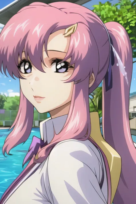   Please Laugh  ，the light clothing shows through with water splashes，woman with pink ponytail hair，nice smile，can you draw details of a woman in a high school girl uniform，Thigh to Head，blouse with tie ，micro mini girl，purple boots，blue panties，beautiful ...