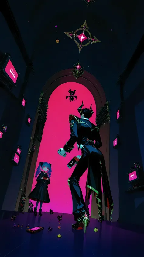 super detailed, playing games using Nintendo Switch at the castle, Devil King, the daughter of one man wearing an absurdess dress. BREAK shoulder angle, A very luxurious space, one butler anxiously peeking into the demon king through the door, MX4D.