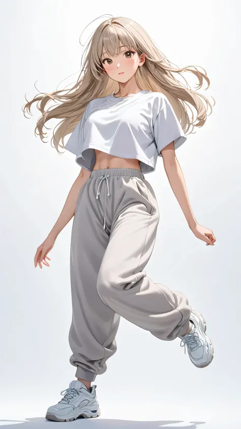 anatomically completely correct、Full-body view of a young woman、solo、fearless face、detailed expressions、Has long beige hair、shiny hair、wolf cut hair、Plain white short-sleeved cropped t-shirt、sports bra、(plain baggy middle gray sweatpants, cotton, fleece-li...