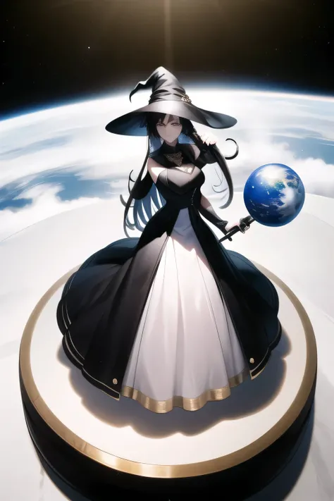 Can you draw the devil of an introverted woman，long dress，long hair，I'm thinking about a plot to conquer the world with a model of a globe，give top priority to facial expressions so don't crop your face，the figure of a witch looking at the Earth from outer...