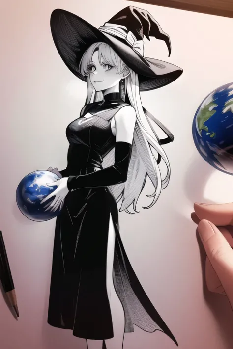 Can you draw the devil of an introverted woman，long dress，long hair，I'm thinking about a plot to conquer the world with a model of a globe，give top priority to facial expressions so don't crop your face，the figure of a witch looking at the Earth from outer...