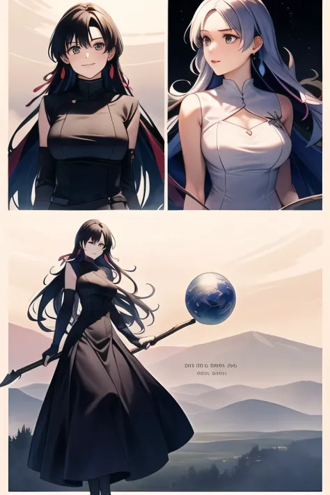 can you draw a demon of a shy woman，long dress，long hair，I'm thinking about a plan to conquer the world with a model of a globe，I prioritize facial expressions, so don't cut out her face，The appearance of a witch looking at the Earth from space，