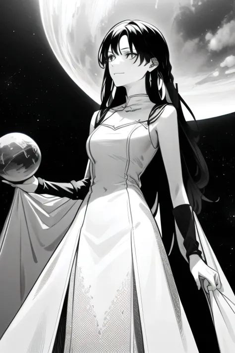 can you draw a demon of a shy woman，long dress，long hair，I'm thinking about a plan to conquer the world with a model of a globe，I prioritize facial expressions, so don't cut out her face，The appearance of a witch looking at the Earth from space，