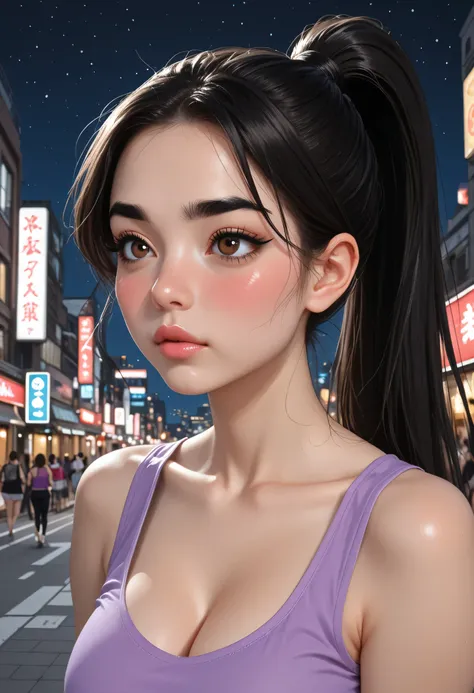 (perfect face), (black hair, very long ponytail), black thin eyebrows, brown eyes, black eyeliners, nose, blushing, normal lips, pink lips, lips parted, collarbone, cleavage, medium breasts, purple tank top, beautiful face, beautiful city, japanese in city...