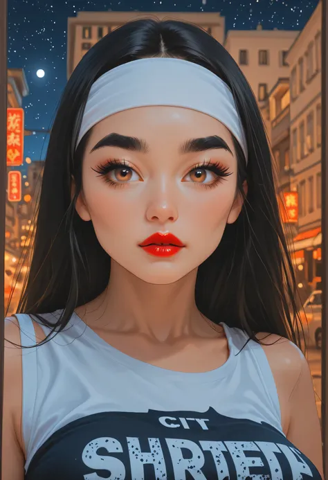 (female asian, face asian), perfect face, black hair, very long straight hair, white headband, black eyebrows, thick eyebrows, black eyelashes, black eyeliners, light brown eyes, bright red lips, beautiful asian, beautiful woman, white tank top, (medium br...