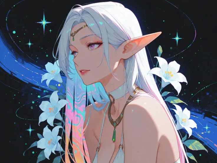 long hair,elf,kk_sexydress_jewelry,:::((Abstract)) painting of a stunning beautiful woman ,subtle colors, minimalist, faint, , beautiful woman with long hair ultra detailed, , fantastic , flowers,
