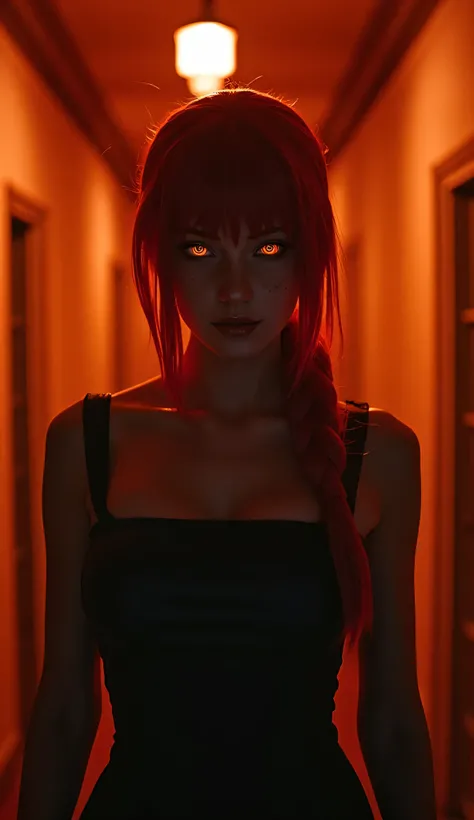masterpiece, cinematic full body shot, Makima (Chainsaw Man) walking forward slowly, glowing orange eyes, hypnotic gaze, long braided red ponytail swaying, horror mood lighting, soft backlight with orange-red tint, volumetric lighting haze, dark aesthetic,...