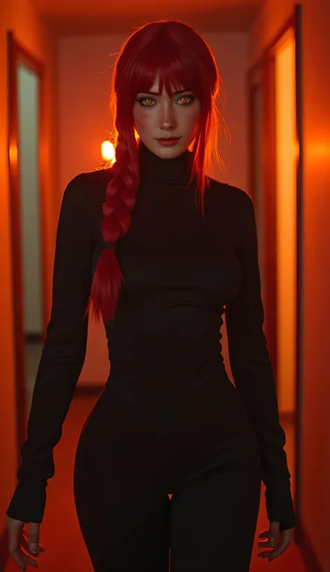 masterpiece, cinematic full body shot, Makima (Chainsaw Man) walking forward slowly, glowing orange eyes, hypnotic gaze, long braided red ponytail swaying, horror mood lighting, soft backlight with orange-red tint, volumetric lighting haze, dark aesthetic,...