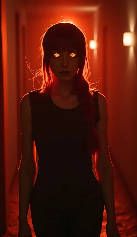 masterpiece, cinematic full body shot, Makima (Chainsaw Man) walking forward slowly, glowing orange eyes, hypnotic gaze, long braided red ponytail swaying, horror mood lighting, soft backlight with orange-red tint, volumetric lighting haze, dark aesthetic,...
