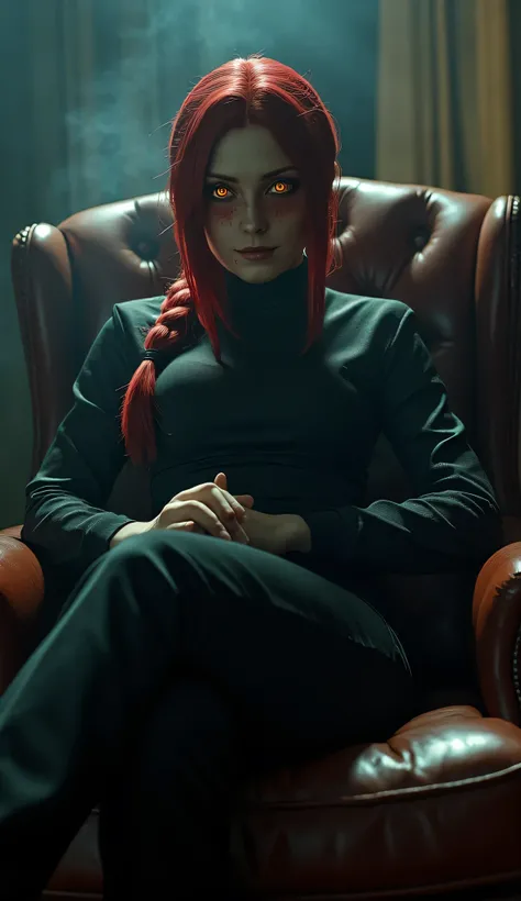 masterpiece, full body cinematic portrait, Makima (Chainsaw Man) sitting on a leather armchair, crossed legs, hands resting on knees, slight head tilt, glowing orange eyes with concentric rings, devilish smile, evil aura, soft ambient backlight, dim overhe...