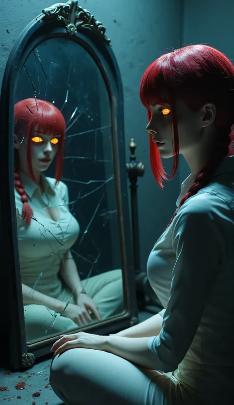 masterpiece, full body, Makima (Chainsaw Man), sitting cross-legged on the floor, in front of a shattered mirror, her reflection is distorted and smiling wider, glowing orange ringed eyes in both real and reflected face, red braided hair partially covering...