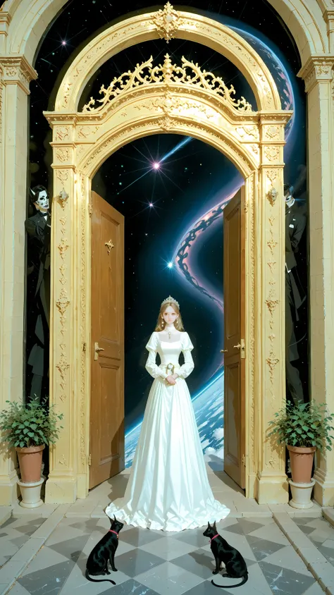super detailed,  medium distance, The Devil King, the daughter of a man in an Absard dress playing a game in a castle, A very luxurious space, The butler peeking through the door, MX4D.