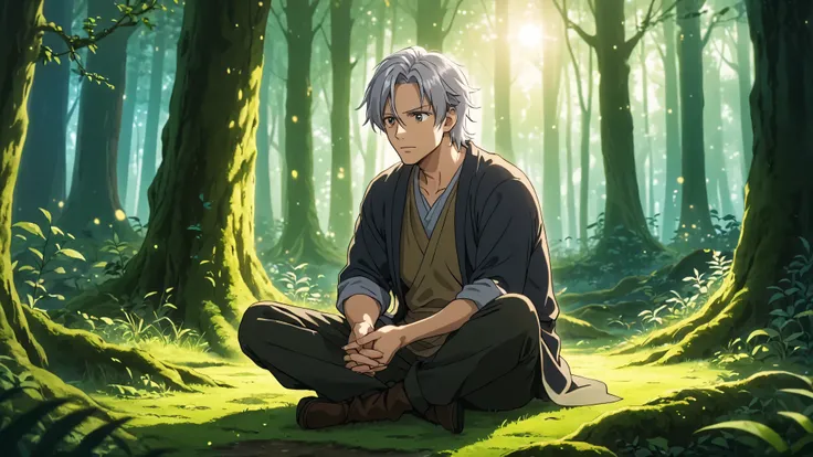 "a middle-aged anime man with silver hair sitting on mossy ground in a magical forest, looking at his hands in wonder and confusion, soft morning light filtering through ancient trees, gentle magical glow in the air, fantasy anime style, cinematic composit...