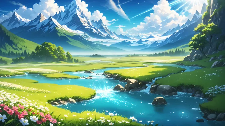 a breathtaking fantasy landscape with vast green meadows, floating islands in the sky, crystal-clear rivers, glowing flowers, distant snow-capped mountains, magical light beams falling from the sky, soft clouds, serene and ethereal atmosphere, ultra detail...