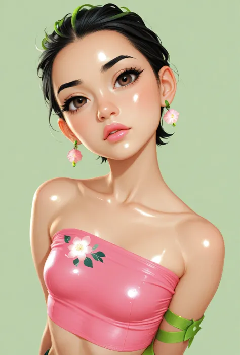 black hair, short hair, (forehead), (green band head), black thin eyebrows, dark brown eyes, black eyelashes, nose, normal lips, pink lips, small breasts, (shiny green tube top), shiny skin, simple background