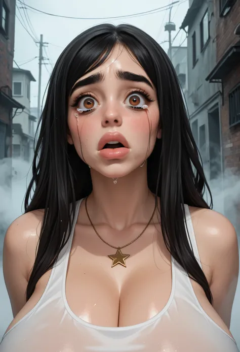 perfect face, face, long hair, black hair, (bandhead), (white bandhead), black eyebrows, thick eyebrows, brown eyes, big eyes, black eyeliners, blush, nose, thick lips, (face fear, tears, crying), big lips, beautiful woman, necklace star, huge breasts, tan...