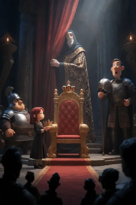 The throne room, in front of the empty throne, there is a girl holding the crown in her hands and awkwardly looking at the edge of the frame to the side. There are two guards on the side, one comically fat, with the visor of a medieval steel helmet, sleepi...