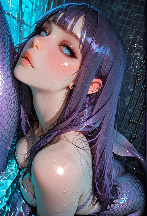 Dark purple hair, blue eyes, attractive, bangs, jewerly, blush, bangs, feminine, mermaid, piercings, High Resolution, Masterpiece, Accurate, Best Quality
