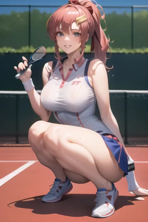 ，can you draw a woman in light-dressed pitch tennis wear，sleeveless costume，Micro Mini Miniskirt，Big Breasts ，Splendid Thighs，Beautiful legs，sneakers，light blue tennis wear，I'm on a tennis court in fine weather，Woman enjoying tennis，，Smile Yang  ，，A woman ...