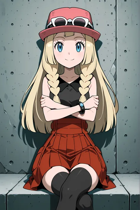 Lillie, blonde hair, long hair, blue eyes, sitting, legs crossed. Dressed as Serena, sleeveless shirt, sleeveless black shirt, bracelet, high-waist skirt, red skirt, black thighhighs, sunglasses, pink hat. friendly smile, arms crossed over the chest