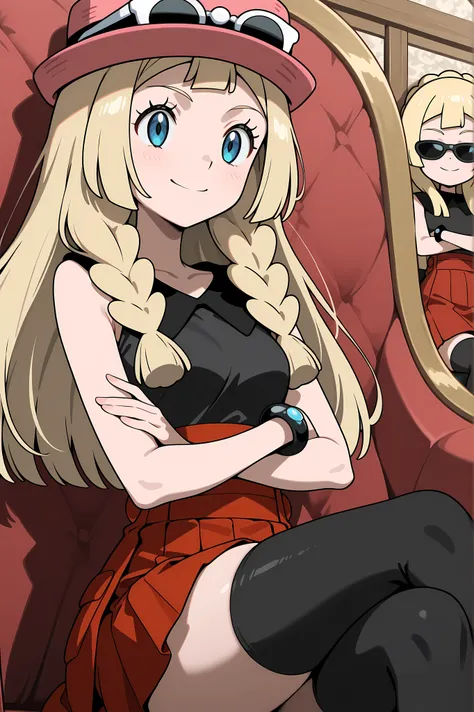 Lillie, blonde hair, long hair, blue eyes, sitting, legs crossed. Dressed as Serena, sleeveless shirt, sleeveless black shirt, bracelet, high-waist skirt, red skirt, black thighhighs, sunglasses, pink hat. friendly smile, arms crossed over the chest