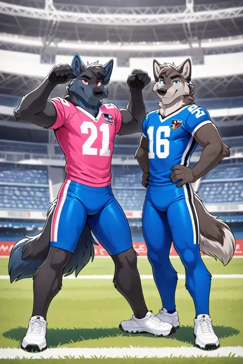 american football stadium background, red eyes, Reflections, full body, Anthropomorphic, Adult Wolf, without humans, swimsuit by ango76 , Masterpiece, better quality,very aesthetic, newest, anthropoid, mammal, a child, Clothes, Alone, wolf Macho ,...