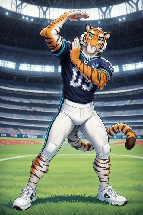 tiger , green eyes, Reflections, full body, Anthropomorphic, Bengal Tiger Adult, without humans, by ango76 , Masterpiece, better quality,very aesthetic, newest, anthropoid, mammal, 1, Clothes, only Male , men's american football stadium background...
