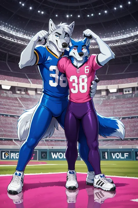 american football stadium background, red eyes, Reflections, full body, Anthropomorphic, Adult Wolf, without humans, swimsuit by ango76 , Masterpiece, better quality,very aesthetic, newest, anthropoid, mammal, a child, Clothes, Alone, wolf Macho ,...