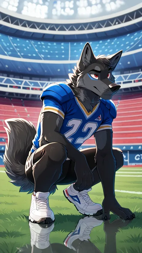 american football stadium background, Eye blue, Reflections,  full body, antropomorfico, Adult Wolf, without humans,   by ango76 ,    Masterpiece, better quality,very aesthetic, newest,  anthropoid, mammal, a boy, Clothes, Alone, byry, byry Macho, macho fo...