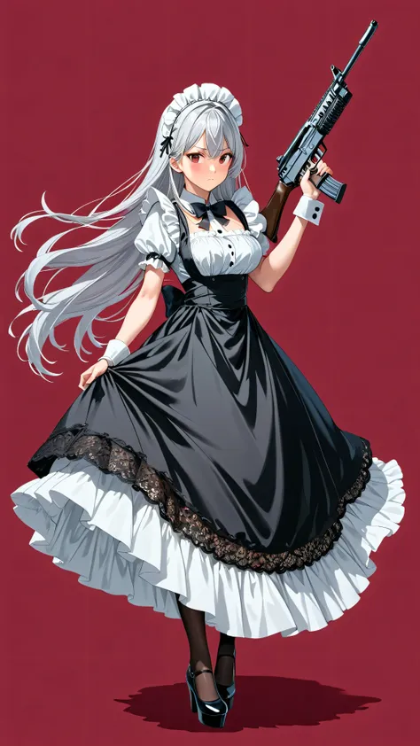 anatomically completely correct、Full-body view of a young woman、solo、fearless face、detailed expressions、Long Silver Hair、shiny hair、maid clothes with black lace decorations、maid、costume、long skirt、black pantyhose、black platform pumps 、Wrinkles in clothes、 ...