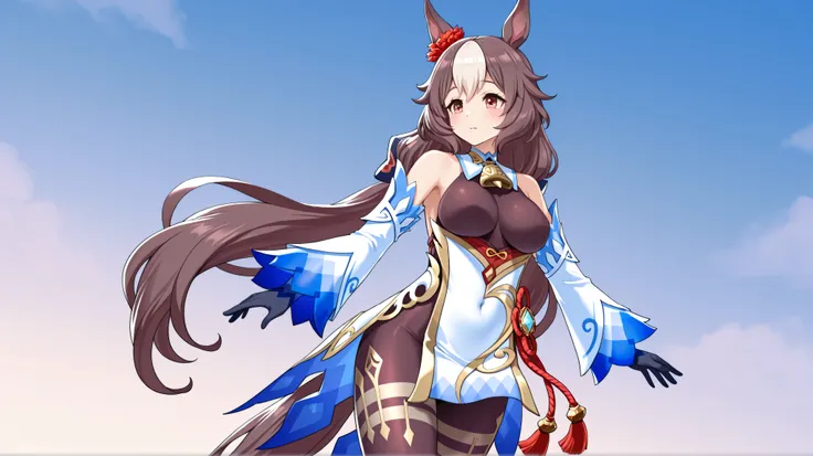 yamanin zephyr（Uma Musume）, Uma Musume, solo, [top quality], [Super beautiful CG], [Highly Detailed CG], [Super Detailed], [CG illustration], [high res], [extremely delicate and beautiful],  very detailed skin, Medium Breasts,  genshin ganyu cosplay, ganyu...