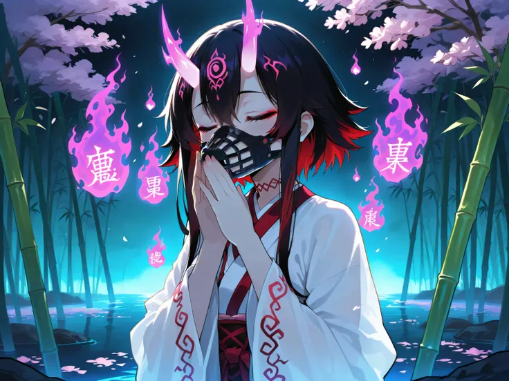 A mysterious ethereal female spirit emerging from Nezuko's bamboo muzzle, with long flowing black hair, blindfolded eyes, glowing faintly in the moonlight. Surrounded by wisps of fog, cherry blossoms, and enchanted bamboo runes. Her body is partially trans...