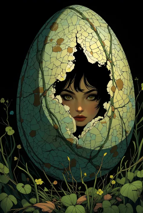 large egg shell with a mosaic pattern、there is a slight gap in the egg shell、a beautiful girl looking down from there is watching the viewer、dark expression、Lonely、worries、fear、negative emotion、Negative egg、Dark Background、 Terada Katsuya style、real style、...