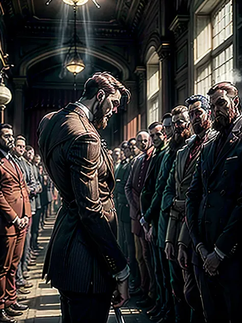 A dramatic courtroom-style illustration featuring twelve 1950s-era men standing in a single file line, dressed in vintage suits and shirts. The man at the front wears a white suit and holds a switchblade knife upright near his face, looking serious and cal...