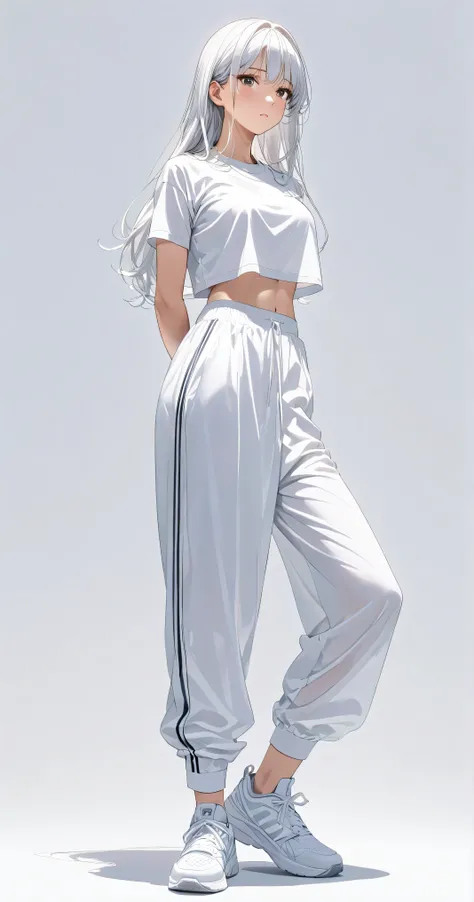 anatomically completely correct、Full-body photo of a young woman、solo、 bold face 、detailed expression、long hair、shiny hair、wolf cut hair、plain white short sleeve cropped t-shirt、sports bra、loose sweatpants、wearing sneakers, white sneakers、Wrinkles in cloth...