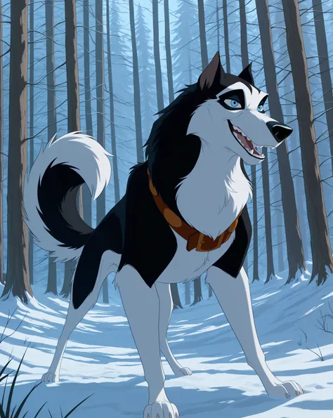 detailed background, detailed fur, cowboy shot, dynamic pose, dynamic angle, solo, 1boy, adult, Steeleb0lto, alaskan malamute, feral, full body, naughty face, smug, bedroom eyes, ((very expressive)), brown collar, outdoors, forest, trees, snowy, winter sto...