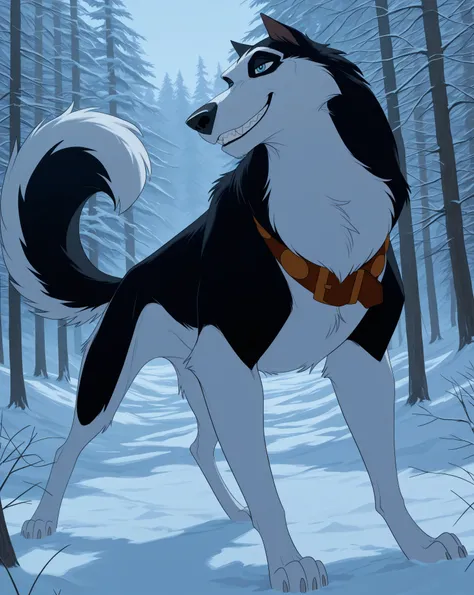 detailed background, detailed fur, cowboy shot, dynamic pose, dynamic angle, solo, 1boy, adult, Steeleb0lto, alaskan malamute, feral, full body, naughty face, smug, bedroom eyes, ((very expressive)), brown collar, outdoors, forest, trees, snowy, winter sto...