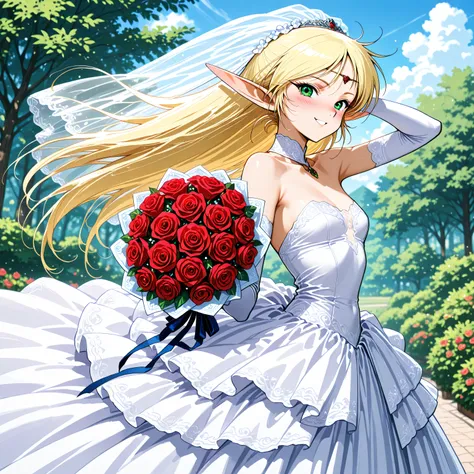 masterpiece,best quality,high score, highres, incredibly absurdres, amazing quality,8K, yuuki nobuteru artstyle,
1girl,solo, (looking at viewer), 
deedlit, pointy ears, elf, green eyes, blonde hair, small breasts, wedding dress,holding bouquet,red rose,
dy...