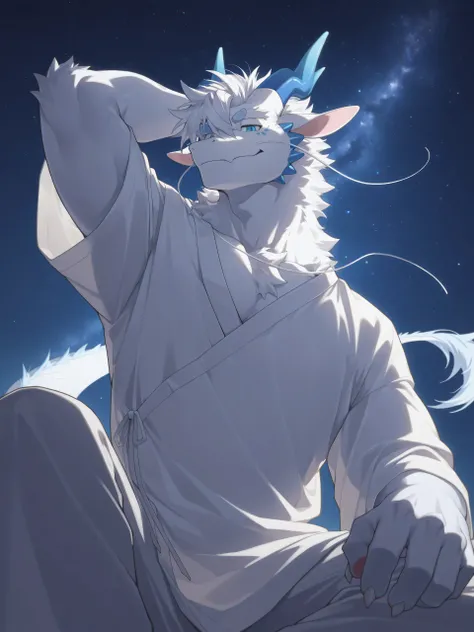 background,全身,body,male，furry male,solo,mature,muscle,dressed,侠客,Nightwear,兜帽,宝剑,by zixiong,中国,明朝，侠盗, white Dragon， white scales,white fur,furry,Dragon，gentle,animal ears， blue Dragon Horn,white hair，Tail,from below,sitting on the eaves, looking at viewer,...
