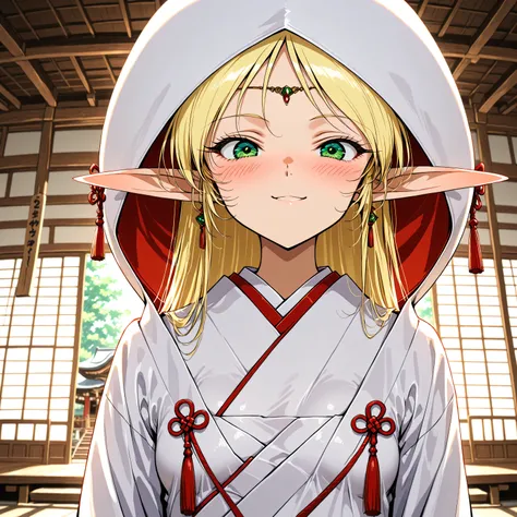 masterpiece,best quality,high score, highres, incredibly absurdres, amazing quality,8K, yuuki nobuteru artstyle,
1girl,solo, (looking at viewer), 
deedlit, pointy ears, elf, green eyes, blonde hair, small breasts, shiromuku,wataboushi,uchikake,
dynamic exp...