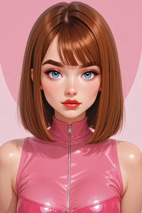 Perfect Face, Cut Straight Hair, Bright Brown Hair, Brown Thick Eyebrows, Blue Eyes, Pink Rouge, Bright Red Thick Lips, Beauty Woman