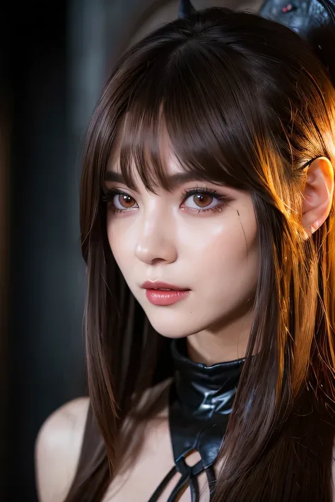 (( Socially Awkward Demon Lord, demon lord, realistic lighting, best quality , 8k, Masterpiece: 1.3)), clear focus : 1.2, 1 beautiful and beautiful demon lord woman , perfect succubus body beauty : 1.4, slim abs : 1.1, (( dark brown hair , big: 1.3)), (acc...