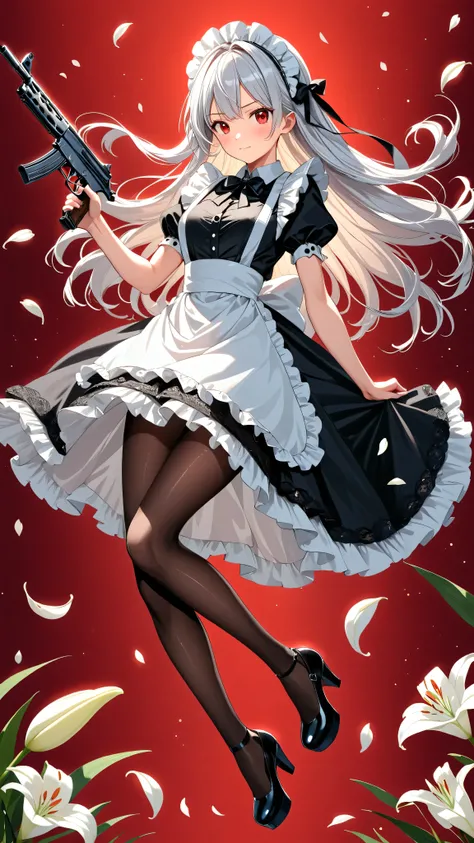 anatomically completely correct、Full-body view of a young woman、solo、fearless face、detailed expressions、Long Silver Hair、shiny hair、maid clothes with black lace decorations、maid、costume、long skirt、black pantyhose、black platform pumps 、Wrinkles in clothes、 ...