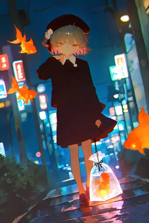 solo,1girl\((hatoba tsugu),HatobaTsugu, hat, 1mole under eye, beret, 1white flower ornament, bangs, black ribbon-tie, short hair,full body\) holding goldfish in bag, footbridge, streetlight, (alice in wonderland:0.5),(multicolor glitch,glitch,neon:0.5), gl...