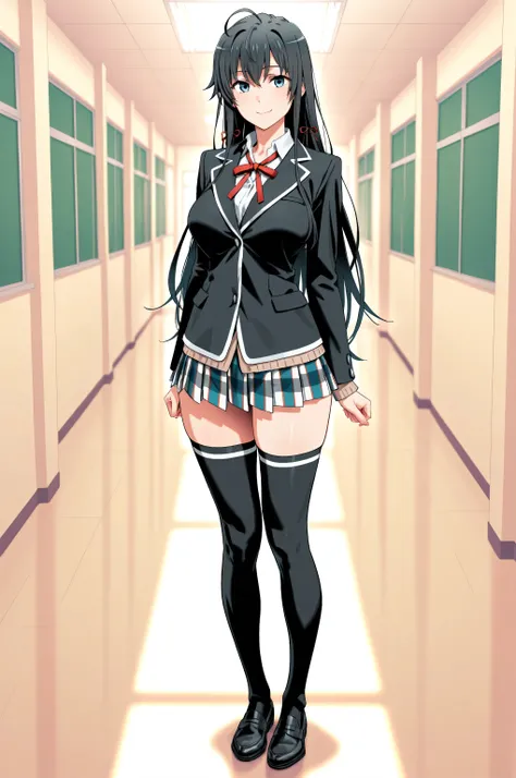 Yukinoshita yukino, School Uniform，big breasts, high thigh socks，standing，Smile，gentle ligh，Full Body, black shoes